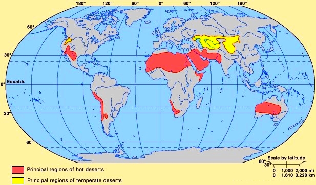 Worldwide distribution of hot and temperate deserts